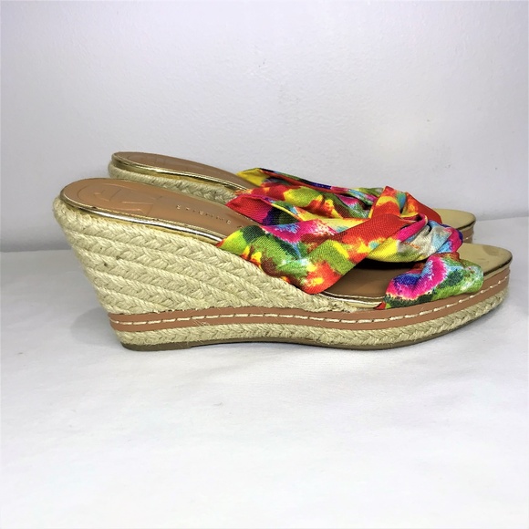 (SOLD)Etienne Aigner Wedge Sandals Yellow & Pink 6 - Picture 2 of 8